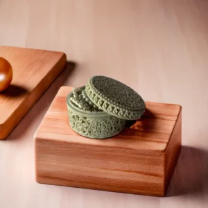 Hand-Carved Round Soapstone Box with Floral Jali Design – Decorative Storage Box