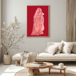 Handcrafted Pine Wood Bark Art: Traditional Rajasthani Woman on Red Velvet