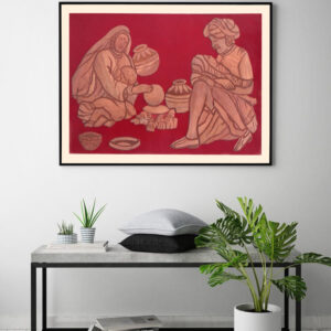 Handcrafted Pine Wood Bark Village Family Painting - Traditional Indian Art: Exquisite Handmade Indian Village Family Painting on Pine Wood Bark